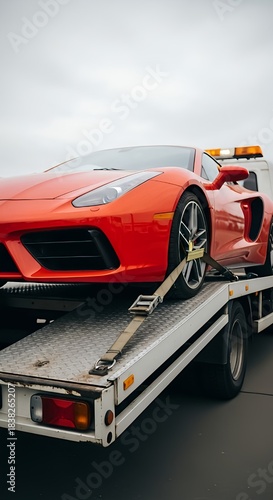 Low angle view of a luxury red sports car secured on a tow truck flatbed. Vehicle transport, breakdown recovery, or delivery logistics concept.