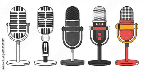 Set of five various professional microphones in a row with different colors vector illustration