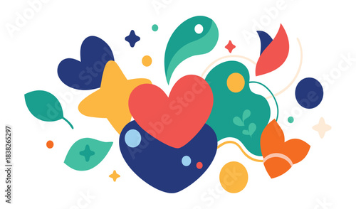 Colorful abstract shapes and hearts with organic flow and playful design