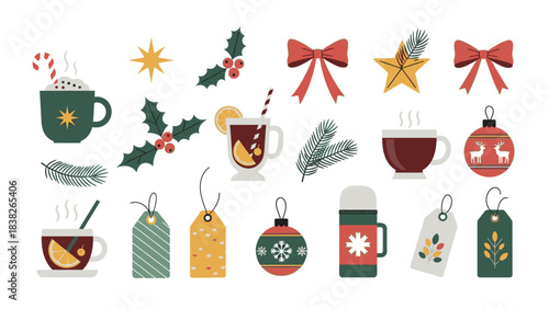 A delightful collection of cozy winter holiday and festive Christmas graphic elements, perfect for seasonal decorations, design projects, and greeting cards