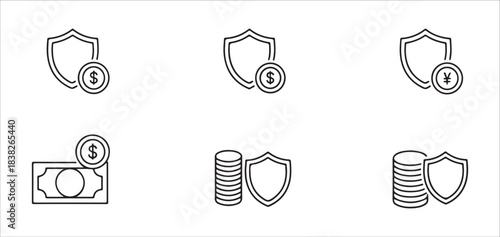 Financial security icons vector illustration. shield with dollar sign, yen and money for investment