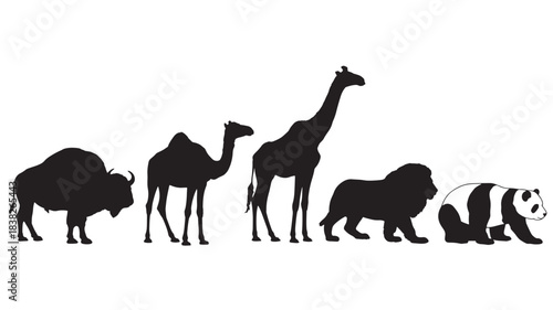 Collection of diverse animal silhouettes including bison camel giraffe lion and panda isolated on white background for graphic design