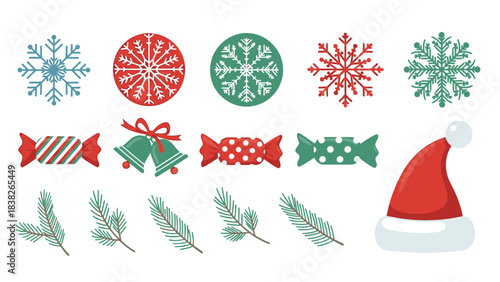 Festive Christmas Icon Collection Snowflakes, Candies, Bells, Pine Sprigs, and Santa Hat