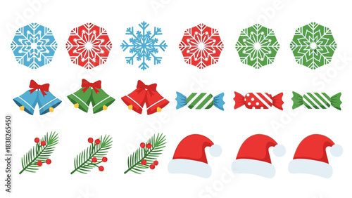 A collection of festive Christmas icons including snowflakes, bells, candies, pine branches, and Santa hats.