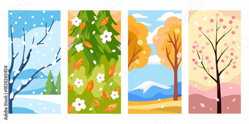 Four seasonal scenes depicting winter spring summer and autumn foliage