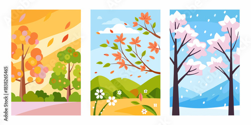 Seasonal transitions autumn spring and winter landscapes with trees and foliage