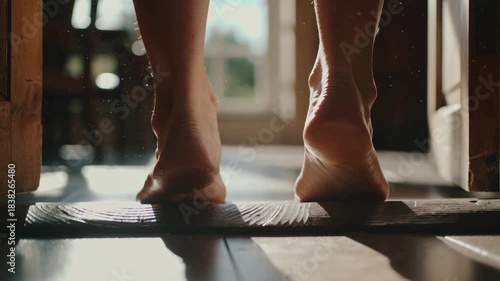 Pieds nus marchant dans la lumière du matin