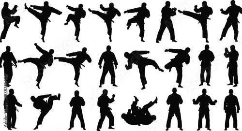 Martial arts silhouette collection, karate and kickboxing poses, dynamic combat actions, self-defense training movements for posters, branding, vector design set