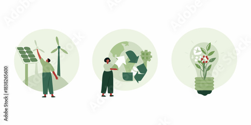 Sustainable living concepts renewable energy recycling and eco friendly ideas illustrated