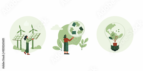 Sustainable energy sources and environmental conservation illustrated with human figures