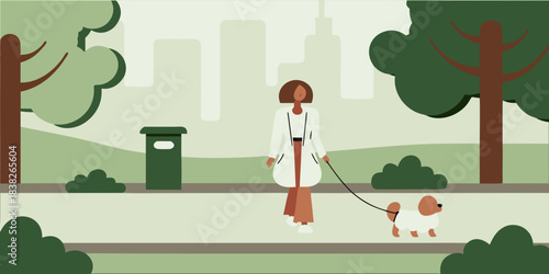 A woman walking her small dog in a park with trees and buildings