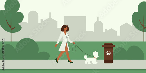 A woman walks her white dog in a park with a city skyline backdrop