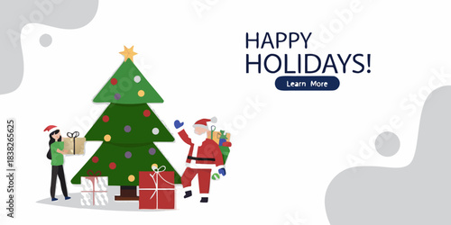 Festive illustration of a christmas tree santa claus and gift giving