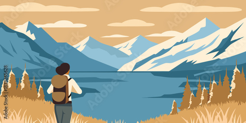A lone hiker gazes upon a serene mountain lake landscape