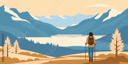 A lone hiker overlooks a serene mountain lake in a peaceful landscape