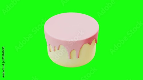 3D Layered cake covered with dripping icing animated for effects editing on green screen background.