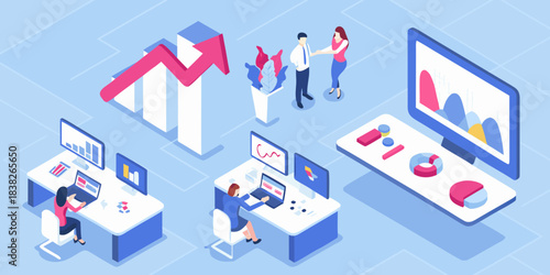 Isometric illustration of business growth data analysis and successful teamwork