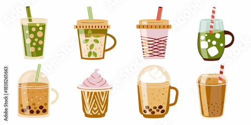 Colorful assortment of bubble tea smoothies and iced drinks in glasses