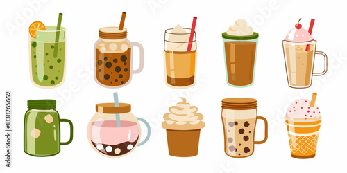 Collection of colorful and refreshing summer beverages with straws and toppings