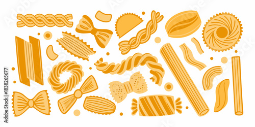 A colorful assortment of various pasta shapes and forms on a white background