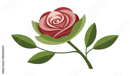 Stylized red rose with green leaves isolated on white background