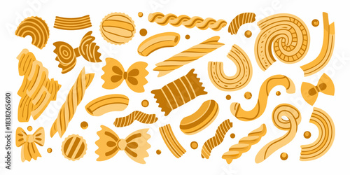 An assortment of various golden pasta shapes in a playful illustration