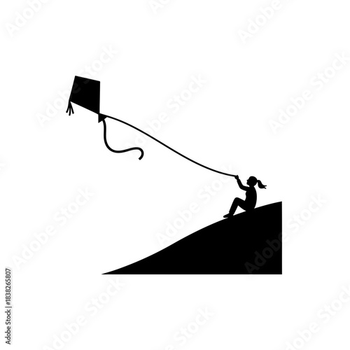 Seated figure on hill edge flying kite vector illustration