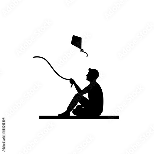 Seated person on ground flying low kite vector illustration