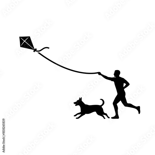 Person with running dog flying kite vector illustration