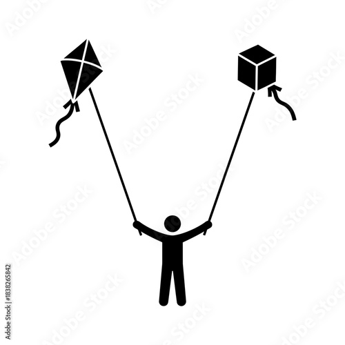 Person flying two kites symmetrical layout vector illustration