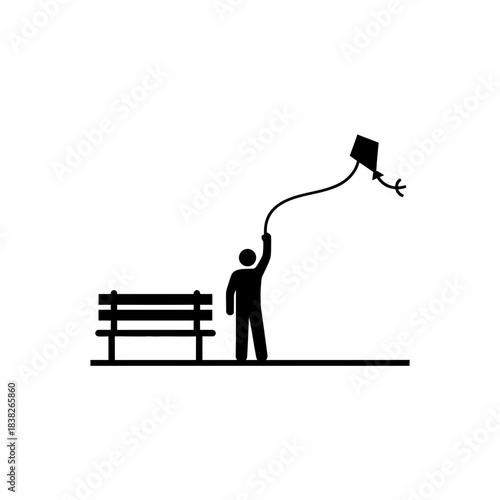 Park bench with person flying kite vector illustration