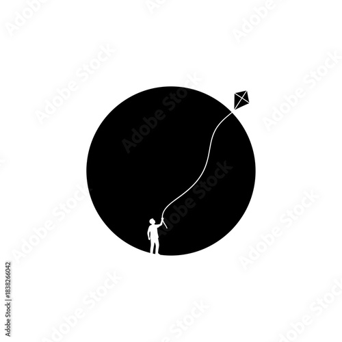 Central sun disc with small kite flyer vector illustration