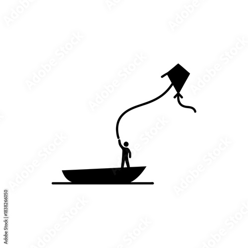 Boat silhouette with person flying kite vector illustration