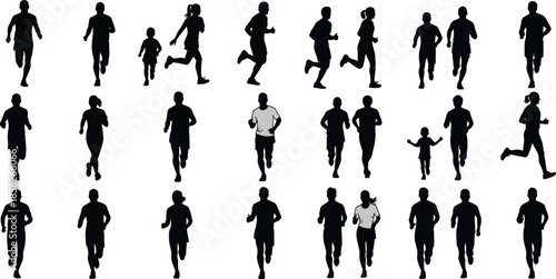 Running silhouette collection, diverse joggers in motion, fitness exercise poses for sports design, training illustrations, healthy lifestyle vector set