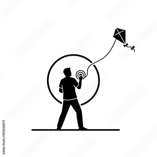 Back view person flying kite with sun vector illustration