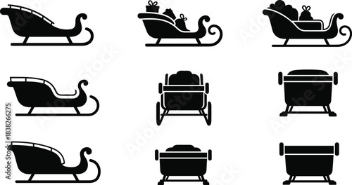 Santa sleigh silhouette collection, Christmas sled icons with gifts, festive winter holiday illustrations for decoration, greeting cards, seasonal vector design set