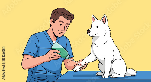 Veterinarian Applying Treatment to Dog's Paw with Green Liquid in a Veterinary Clinic Setting