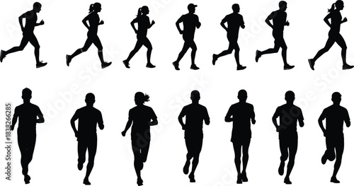 Running silhouette collection, jogger poses in motion featuring male and female athletes, fitness exercise illustrations for sport design, training vector set