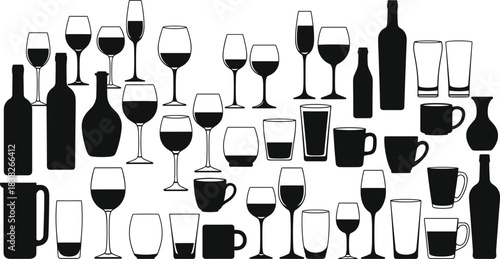 Silhouette collection of drinkware and bottles, diverse glass shapes for beverages, barware icons for restaurants, cafes, parties, menus, decoration