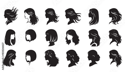 Female Hairstyle Silhouette Collection: Various Women's Hair Cuts and Profiles Vector