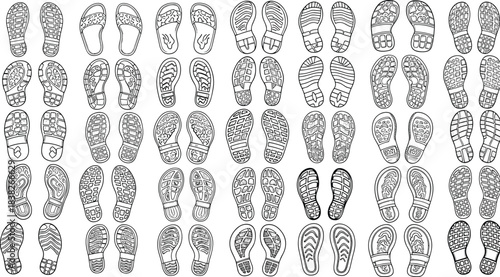 Shoe sole print collection, detailed footwear tread patterns, sneaker and boot outsole illustrations for design, texture references, branding elements, vector set