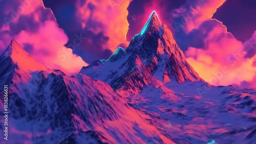 Dramatic mountain landscape with vivid sunset sky and snow capped peaks