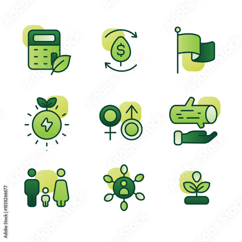 Minimalist flat green icon set for sustainability, ESG, renewable energy, and corporate responsibility.