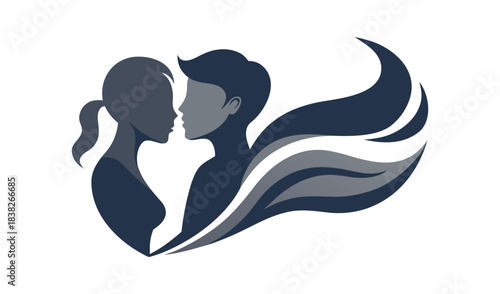 Silhouette of a couple embracing with flowing abstract shapes