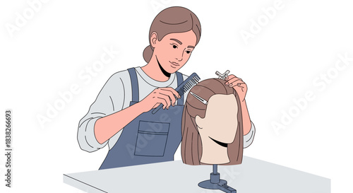 A hairstylist practicing hair styling techniques on a mannequin head with combs and clips