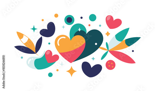 Colorful abstract heart shapes and floral elements on a white background