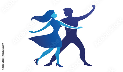 Dynamic duo dancing together in blue silhouette style