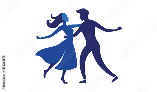 Couple dancing swing dance in silhouette blue tones