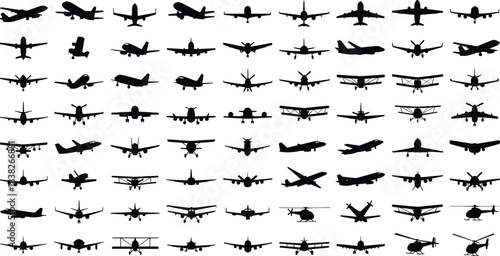 Silhouettes of airplanes, jets, helicopters in multiple angles, aviation aircraft illustration collection set for flight design, transportation, travel, aeronautics concepts