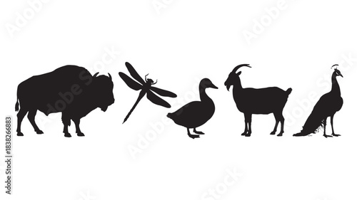 Collection of animal silhouettes including a bison dragonfly duck goat and peacock isolated on a white background for graphic design